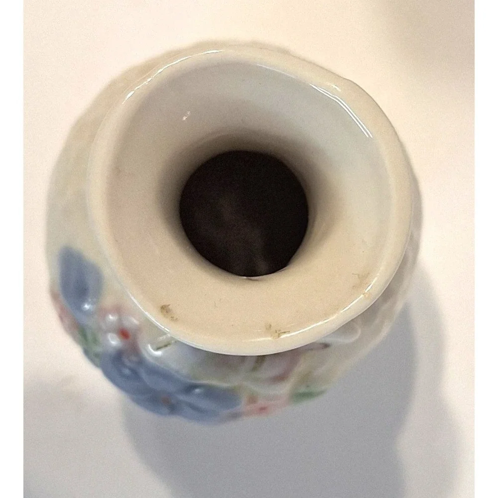 Vintage Miniature Porcelain Bud Vase Floral Butterfly Relief White Blue 4 Inch